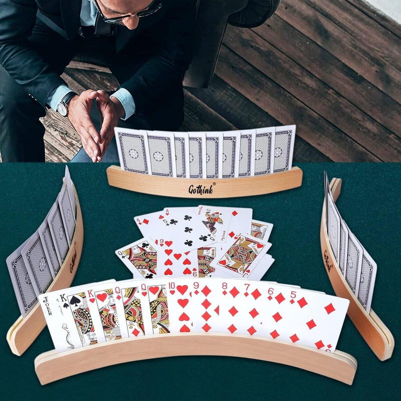 GOTHINK Set of 4 - Wood Curved Playing Card Holder for Kids Adult Seniors Solid Wood Cards Holders for Playing Cards 13.4 x1.4 x 0.5 Inch Non Slip Card Deck for Bridge Canasta Strategy Card Games - Image 5
